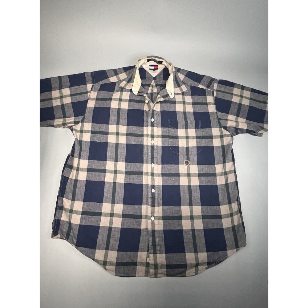 Tommy Hilfiger Linen Blend Short Sleeve Button Down Plaid Shirt Vintage 1990's